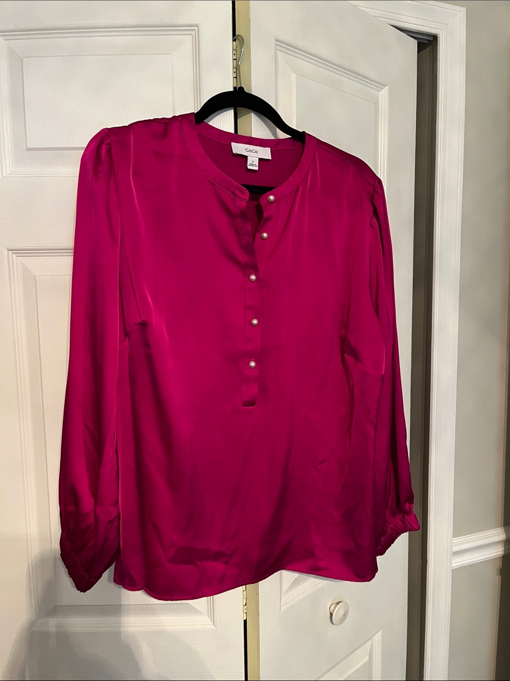 CeCe Fuchsia Satin Pearl-Button Long-Sleeve Blouse